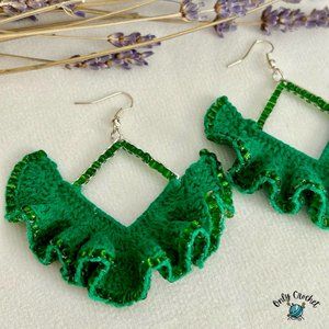 Green Wavy & Bejeweled Crochet Earrings